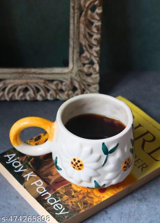 Premium Sunflower Blossom Sculpted Ceramic Mugs for Coffee & Tea (Set of 2) | 250Ml