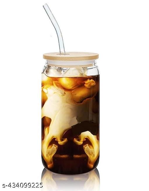 Juice Drinks Glass Can Mug with Straw for Juice/Shake/Milk/Coffee/Green Tea/Smoothies/Coldcoffee Cup Set of 1-510ml Transparent Can Shape Cup (Pack of 1) (WOODEN LID CAN)
