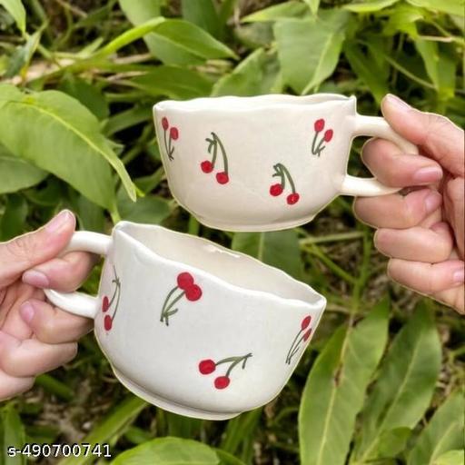 Mudmingle Handmade Ceramic Cherry Mug – Aesthetic Coffee Cup for Tea, Milk & Hot Drinks | Cute Cherry Pattern Coffee Mug | 350ml Stylish Vintage Cup for Home & Office | Unique Handmade Gift for Women & Men(Pack Of Two)