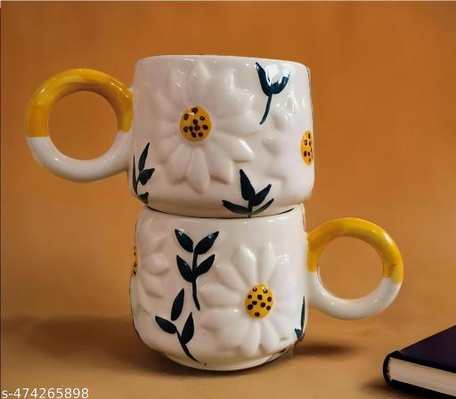 Premium Sunflower Blossom Sculpted Ceramic Mugs for Coffee & Tea (Set of 2)  | 250Ml