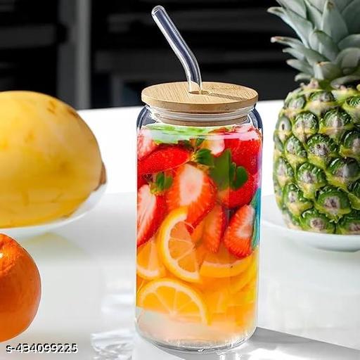 Juice Drinks Glass Can Mug with Straw for Juice/Shake/Milk/Coffee/Green Tea/Smoothies/Coldcoffee Cup Set of 1-510ml Transparent Can Shape Cup (Pack of 1) (WOODEN LID CAN)