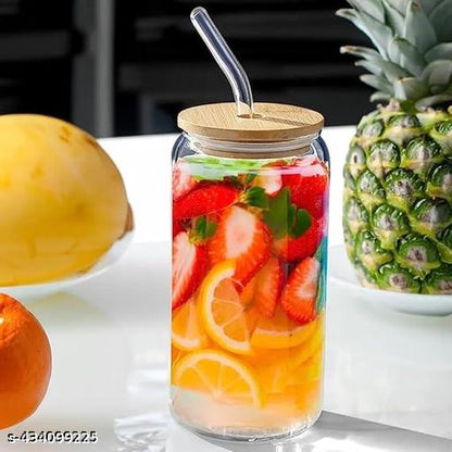 Juice Drinks Glass Can Mug with Straw for Juice/Shake/Milk/Coffee/Green Tea/Smoothies/Coldcoffee Cup Set of 1-510ml Transparent Can Shape Cup (Pack of 1) (WOODEN LID CAN)