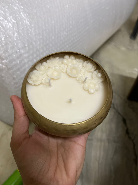 Fragrant Floral Soy Wax Candle in Brass Bowl