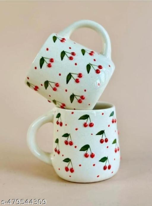 Ceramic Cherry Mugs Cups for Tea Coffee (Set of 2) |Large Size Mug for Tea Coffee | Hand Painted Mug | 350 ml Mugs  (Pack of 2 )