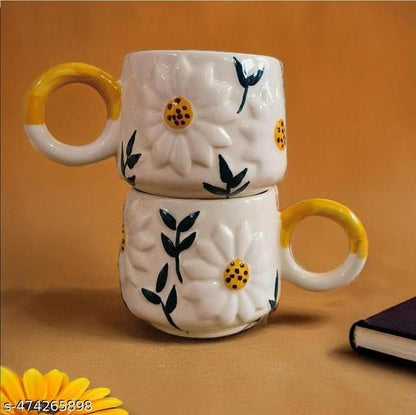 Premium Sunflower Blossom Sculpted Ceramic Mugs for Coffee & Tea (Set of 2)  | 250Ml