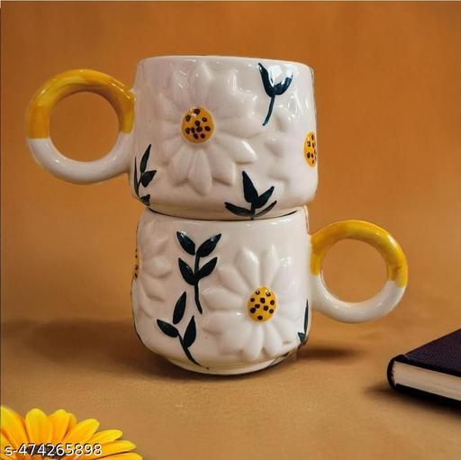 Premium Sunflower Blossom Sculpted Ceramic Mugs for Coffee & Tea (Set of 2)  | 250Ml