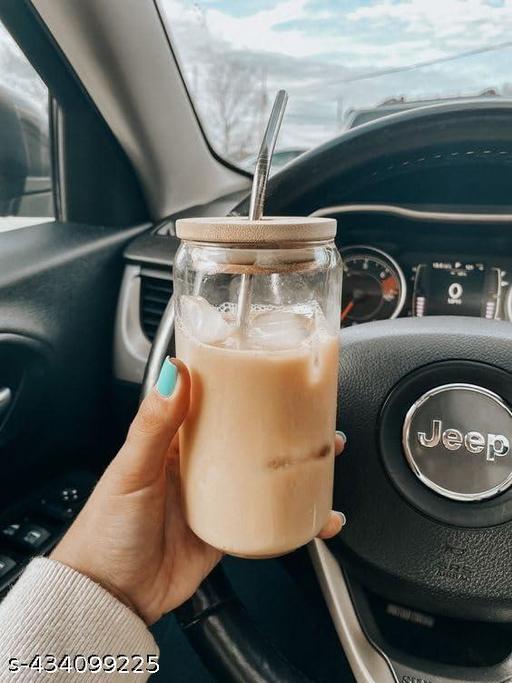 Juice Drinks Glass Can Mug with Straw for Juice/Shake/Milk/Coffee/Green Tea/Smoothies/Coldcoffee Cup Set of 1-510ml Transparent Can Shape Cup (Pack of 1) (WOODEN LID CAN)