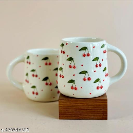 Ceramic Cherry Mugs Cups for Tea Coffee (Set of 2) |Large Size Mug for Tea Coffee | Hand Painted Mug | 350 ml Mugs  (Pack of 2 )