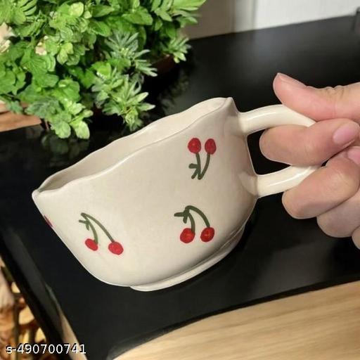 Mudmingle Handmade Ceramic Cherry Mug – Aesthetic Coffee Cup for Tea, Milk & Hot Drinks | Cute Cherry Pattern Coffee Mug | 350ml Stylish Vintage Cup for Home & Office | Unique Handmade Gift for Women & Men(Pack Of Two)