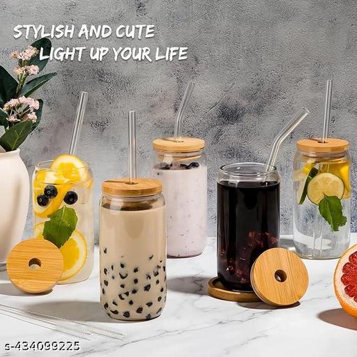 Juice Drinks Glass Can Mug with Straw for Juice/Shake/Milk/Coffee/Green Tea/Smoothies/Coldcoffee Cup Set of 1-510ml Transparent Can Shape Cup (Pack of 1) (WOODEN LID CAN)